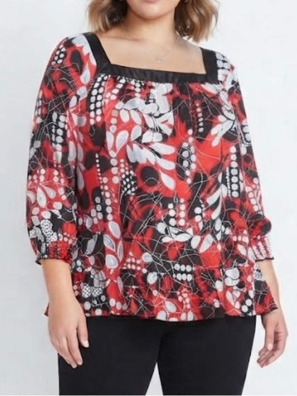 Venezia Red, Black & White Floral Square-Neck Blouse Women’s Size 18/20